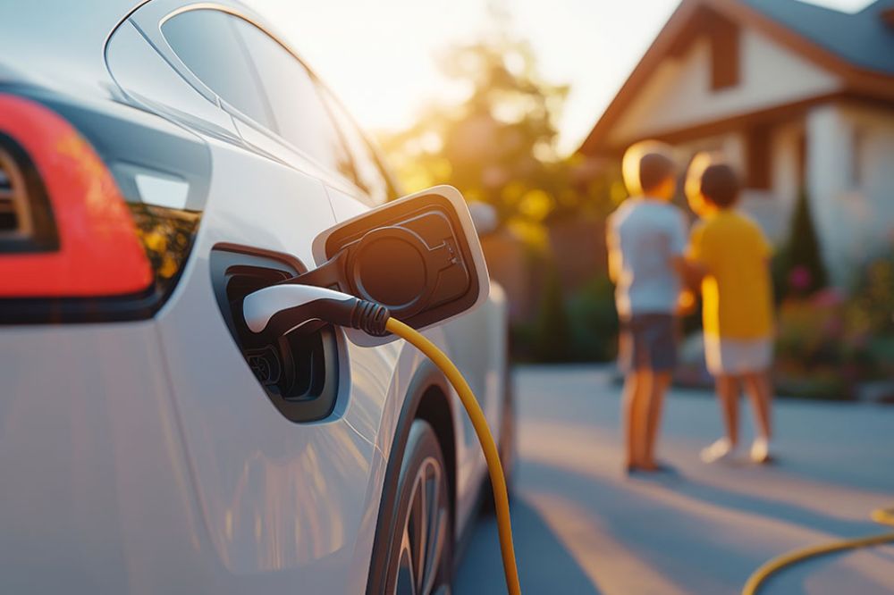 E-Auto wird aufgeladen im Hintergrund zwei Kinder